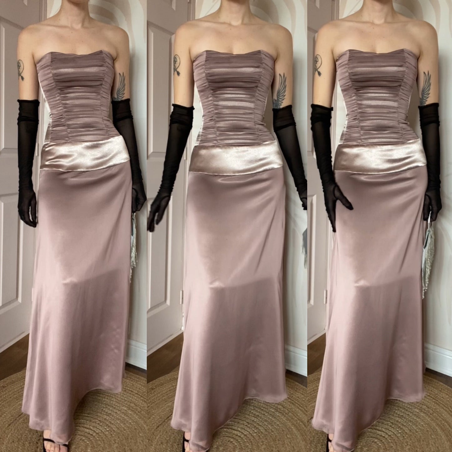 Taupe Charas strapless lace up evening dress UK 8-10