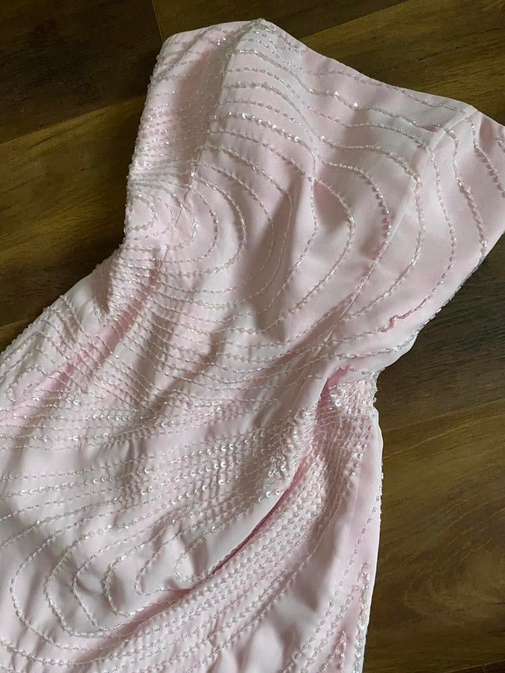 Light pink strapless beaded evening dress & shawl uk 14