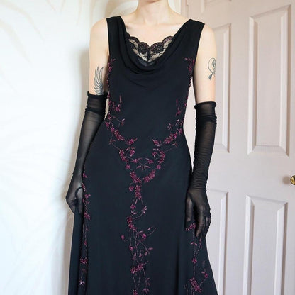 Black 100% silk floral detail midi dress UK 16
