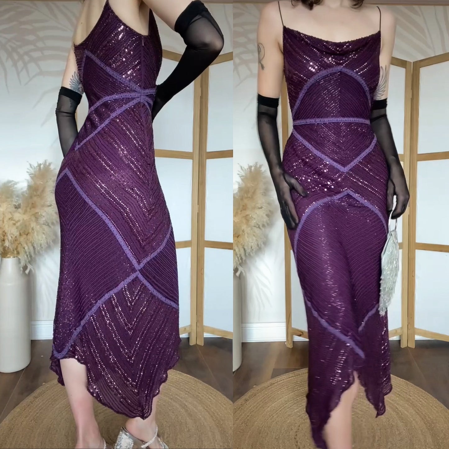 Purple 100% silk beaded evening gown uk 10-12