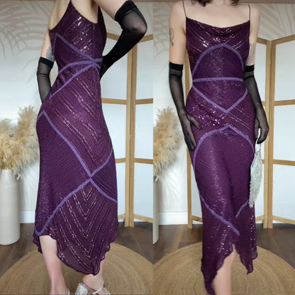 Purple 100% silk beaded evening gown uk 10-12