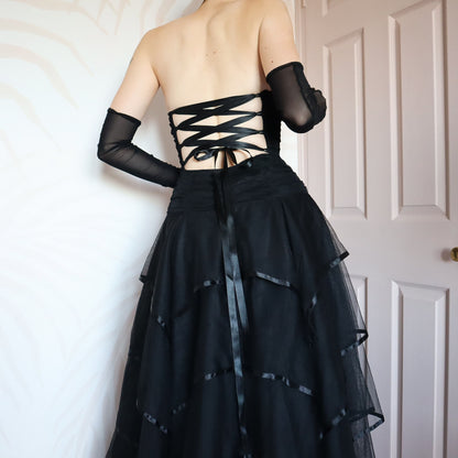 Black layered strapless evening gown UK 10