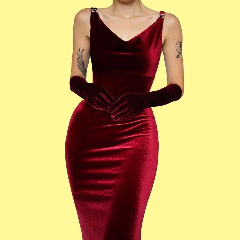 Debut Vintage Red Velvet Bodycon Dress UK 12