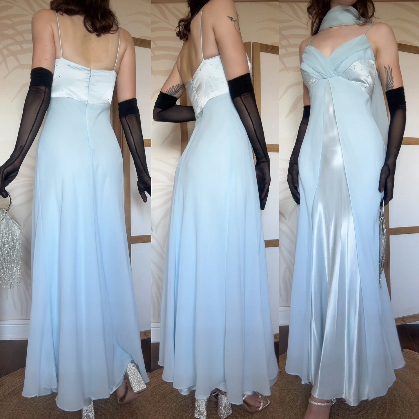 Baby blue satin & chiffon prom dress & shawl uk 10