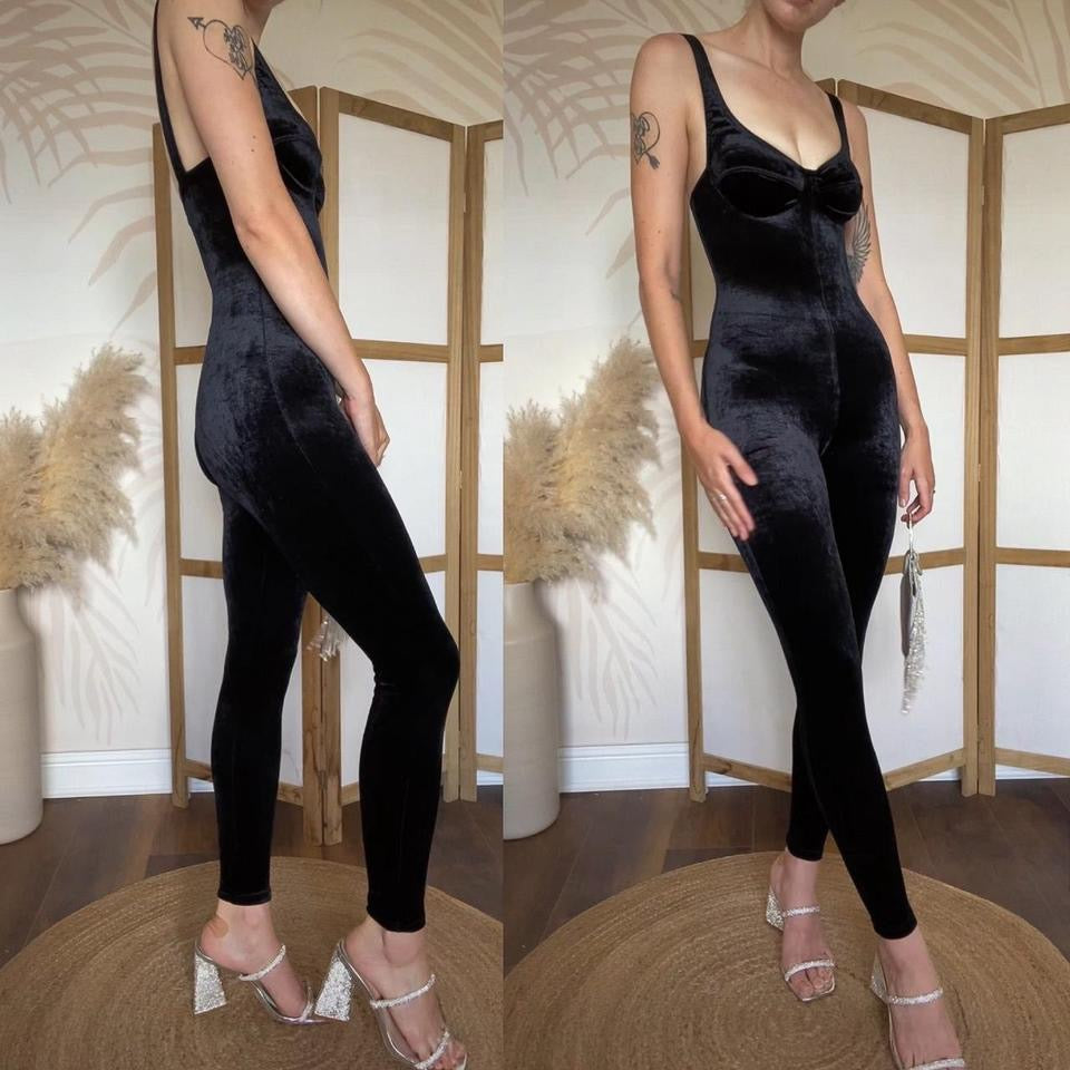 Black velvet stretch bodycon jumpsuit uk 6/8