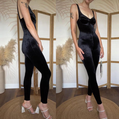 Black velvet stretch bodycon jumpsuit uk 6/8