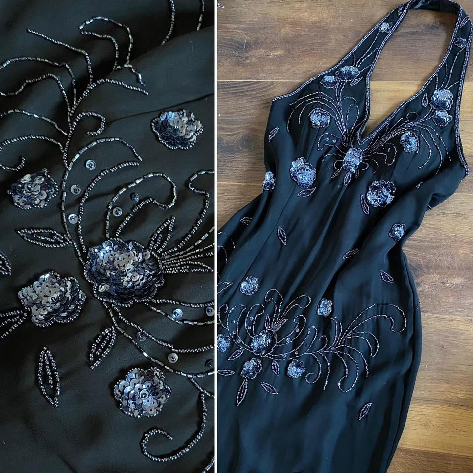 May Queen black beaded halter-neck evening dress uk 10