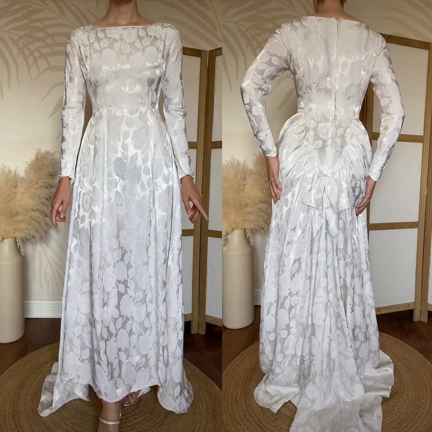 70s white damask floral long sleeve wedding dress uk 8-10