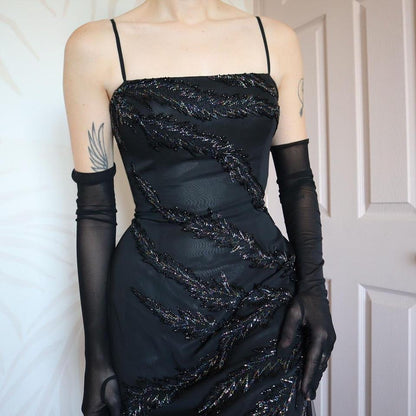 Milano black beaded fitted evening gown UK 12