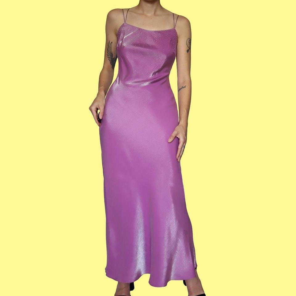 Silky lilac beaded evening dress & shawl UK 8