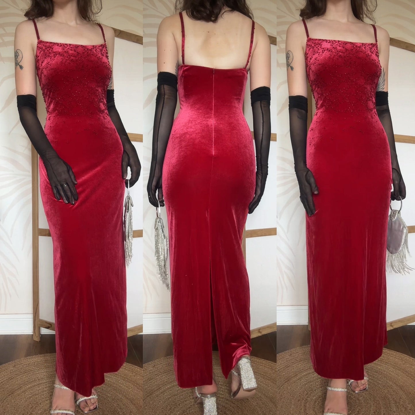 Red stretch beaded evening dress uk 14