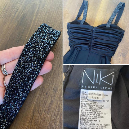 Niki Livas black stretchy beaded evening dress uk 12