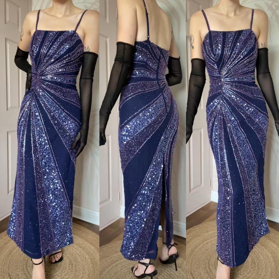 Purple Kaleidscope fitted sequin & beaded evening dress UK 12