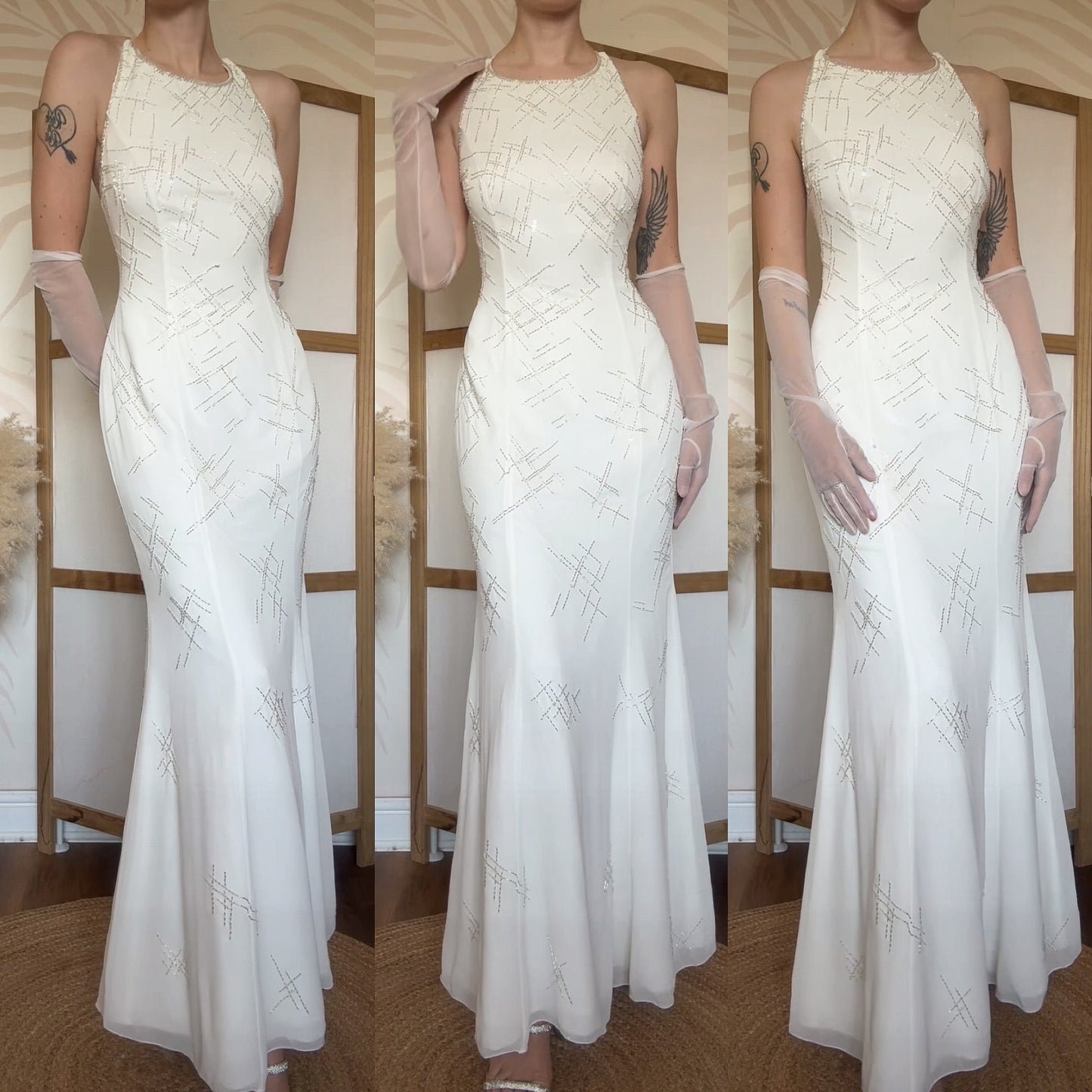 Ivory halter-neck beaded wedding dress uk 12