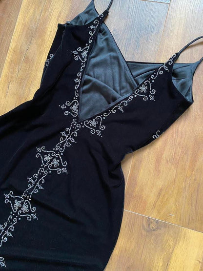 Dave & Johnny black velvet beaded 90s dress uk 10