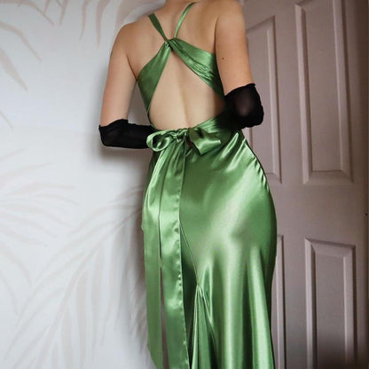 Green satin silky evening gown UK 10