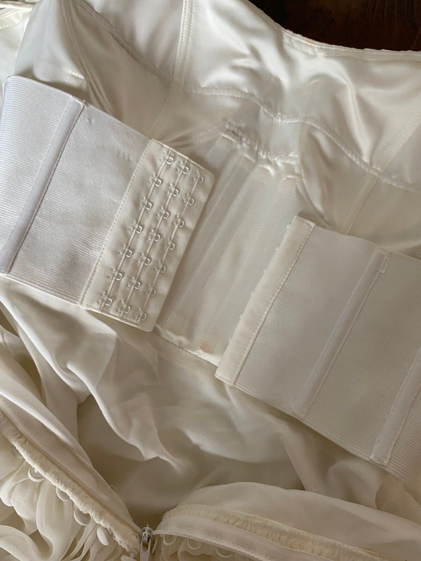 White gathered one shoulder wedding gown UK 10