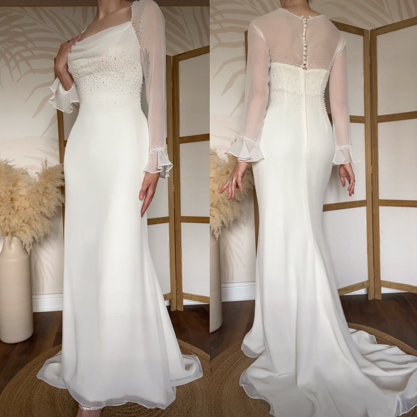 D’zage ivory long sleeve pearl wedding dress uk 12-14