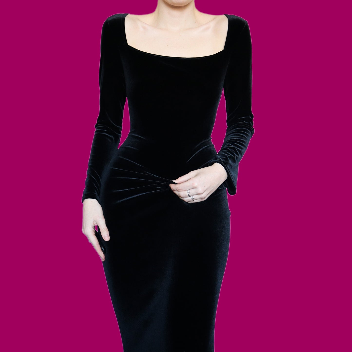 Black stretch velvet long sleeve evening dress UK 18