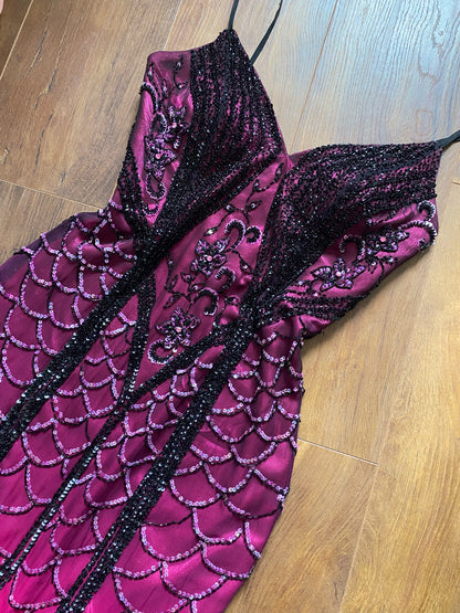 Pink 100% silk bead & sequin mermaid evening dress uk 10