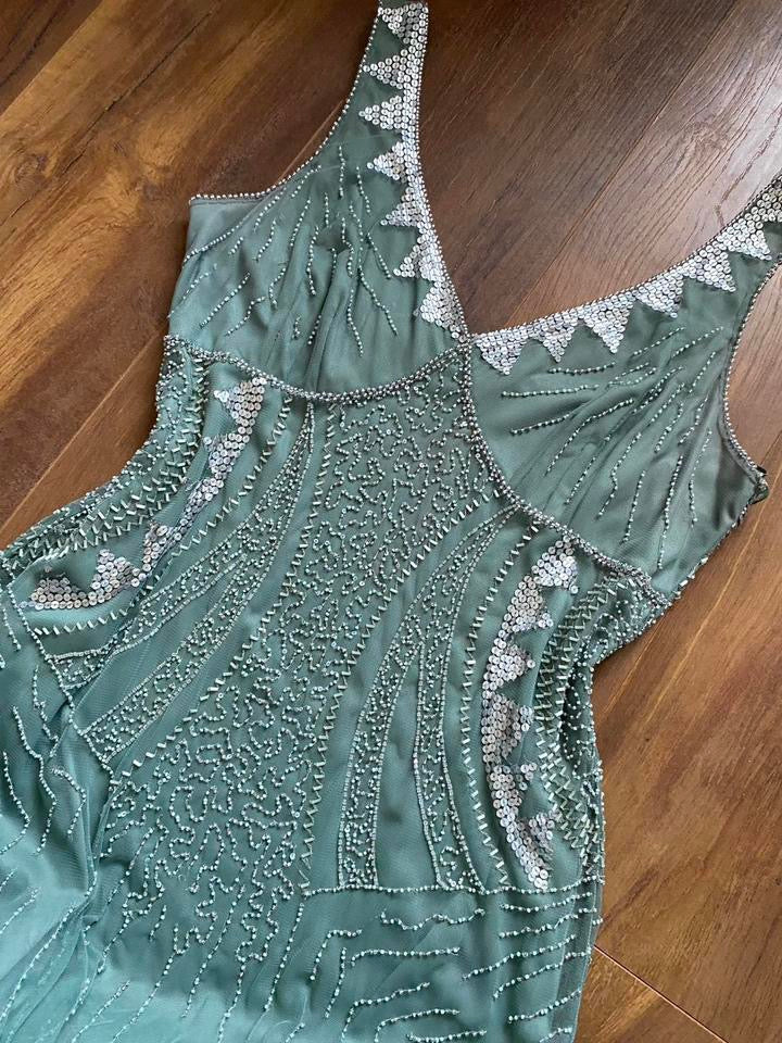 Dusky green beaded petite midi dress UK 14