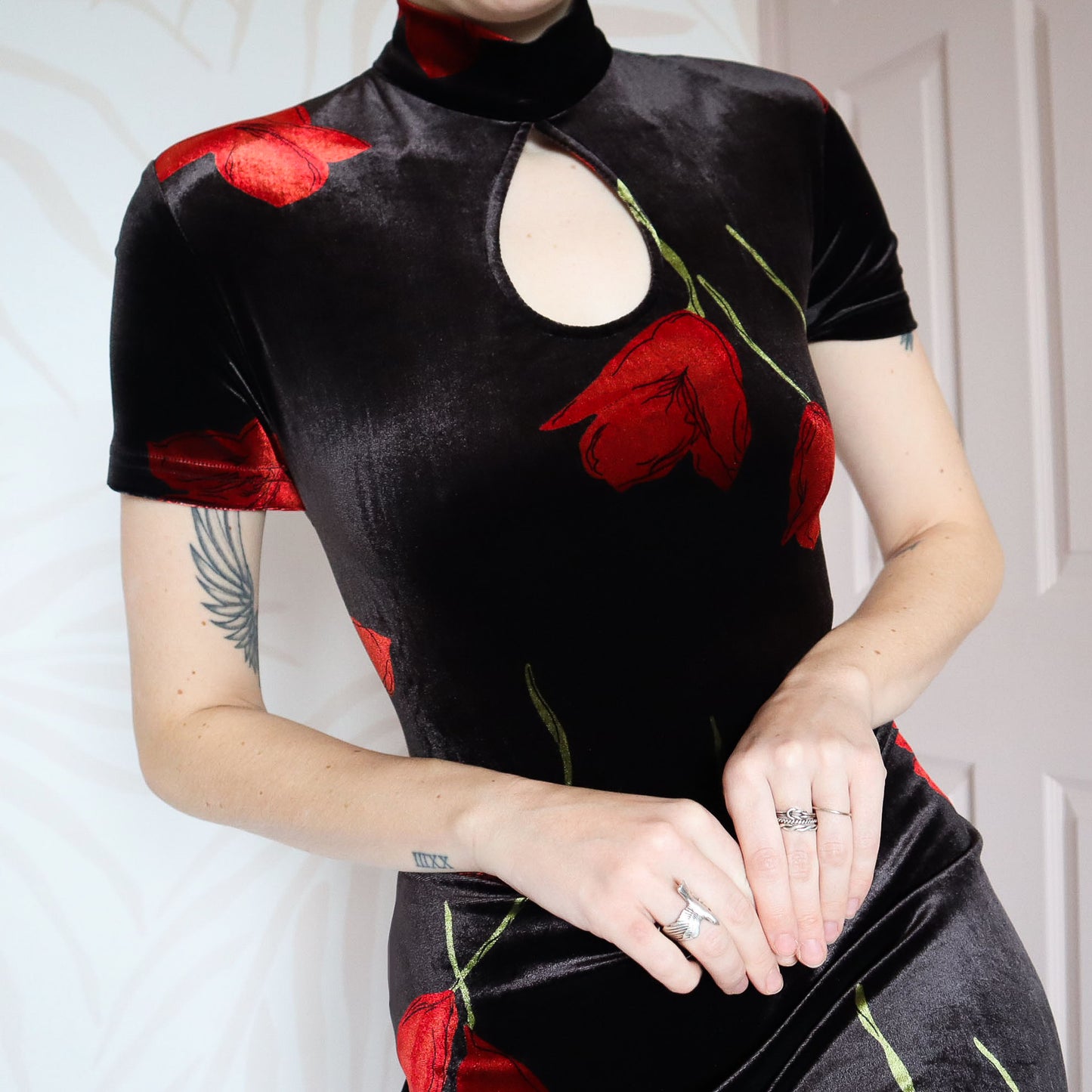 Black velvet floral evening gown UK 14