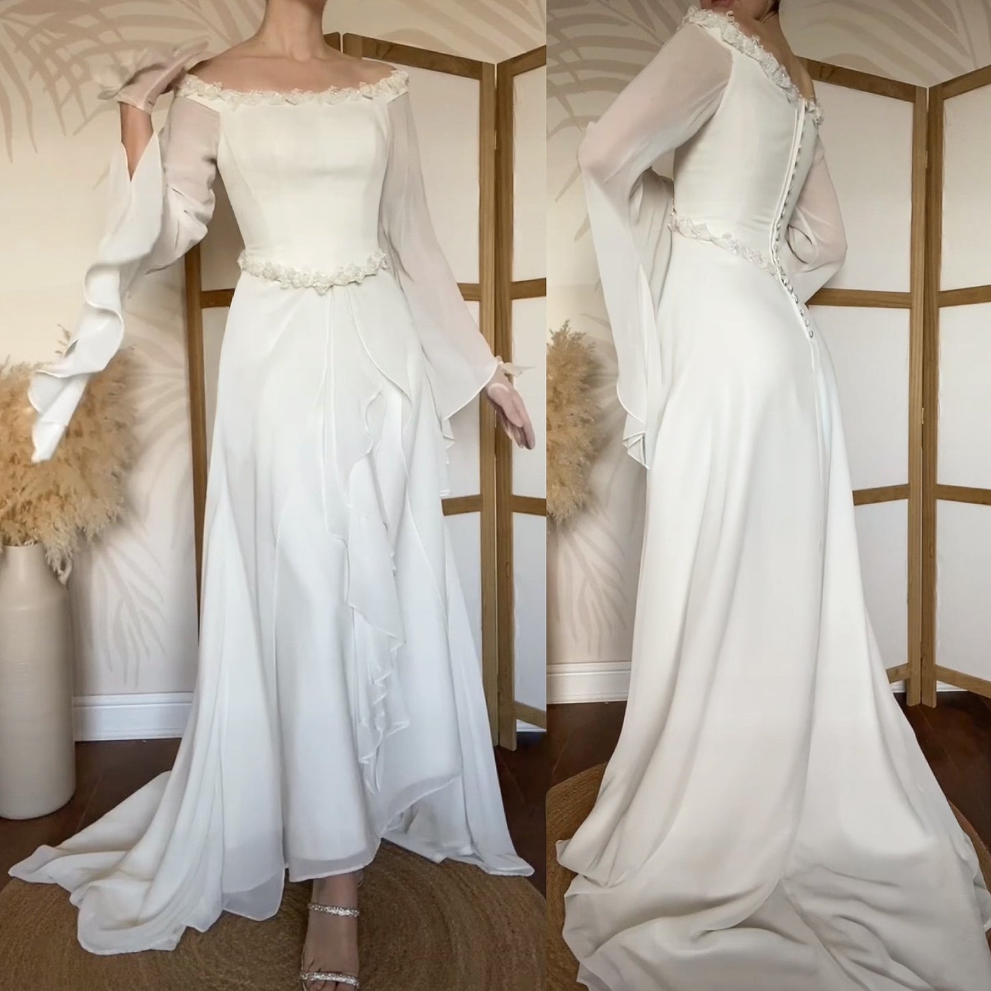 White petite off shoulder long sleeve vintage wedding dress uk 14
