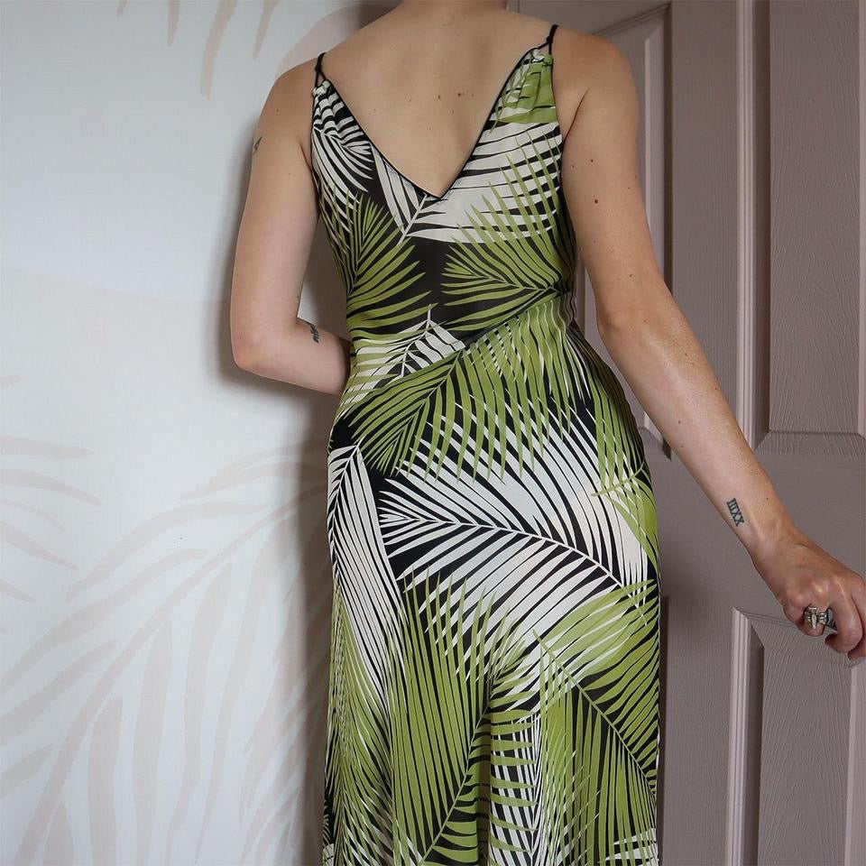 Green Planet 100% silk leaf print midi dress UK 12