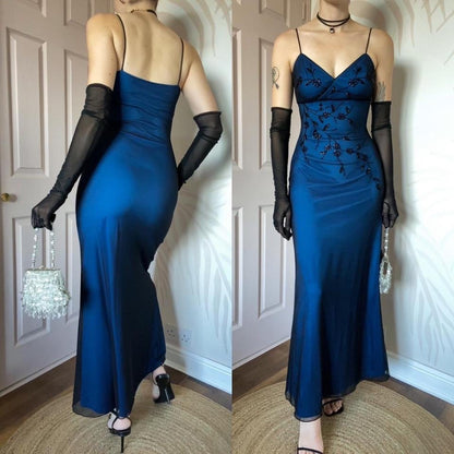 John Charles vintage 90s blue beaded dress UK 8-10