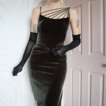 Green velvet stretch evening dress UK 10