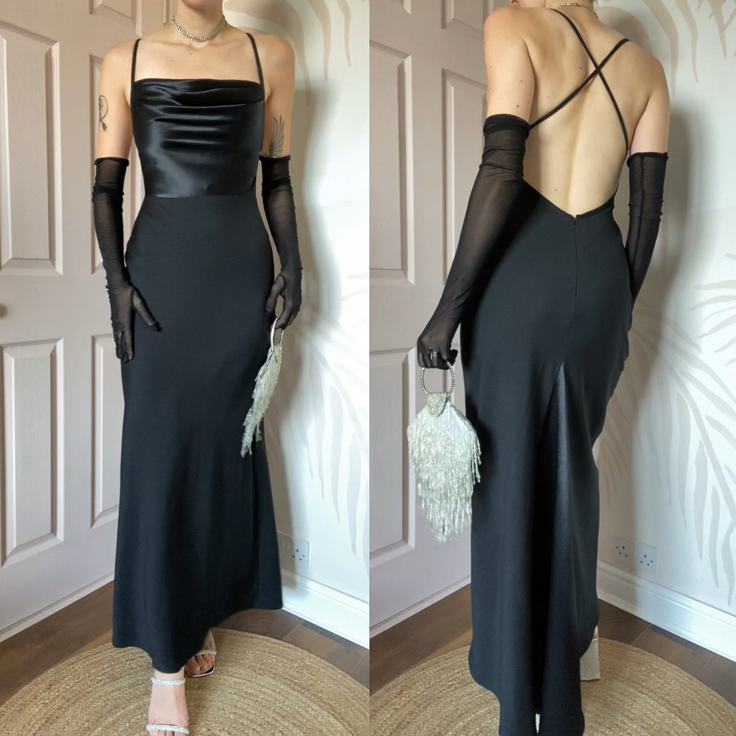 Dawn Stretton black open back evening dress UK 10