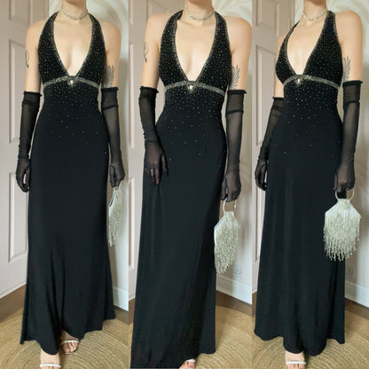Black 90s Dave & Johnny beaded stretch halter neck evening dress UK 10
