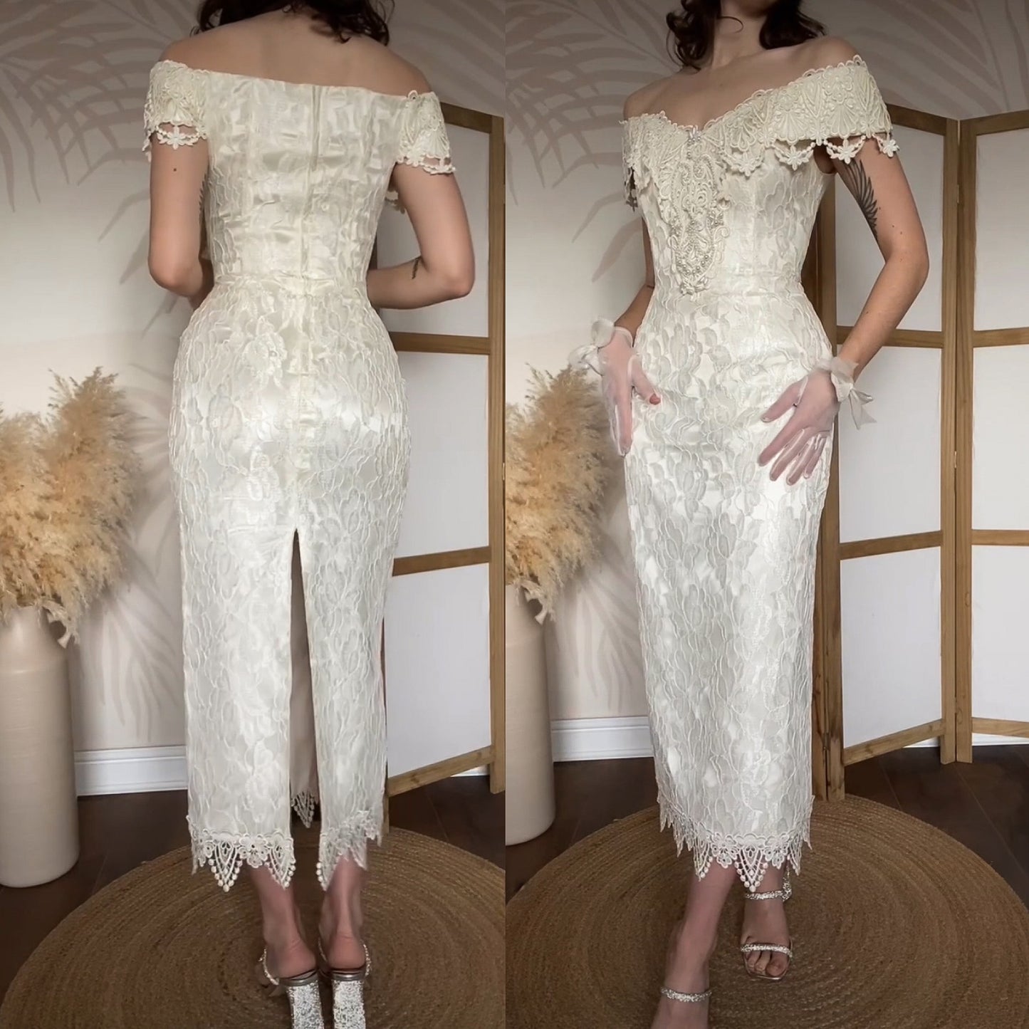 Scott McClintock petite ivory lace cold shoulder wedding dress uk 10-12
