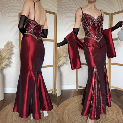 Sousourada dark red beaded prom dress & shawl uk 12-14