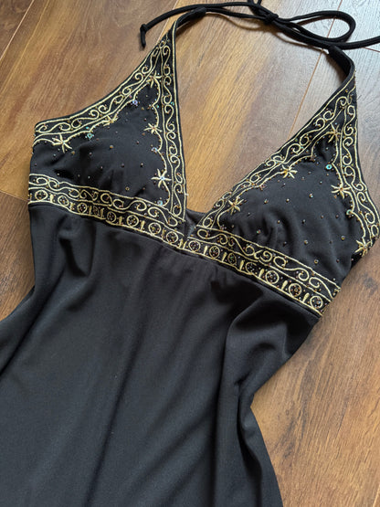Black stretch halter neck evening dress uk 12