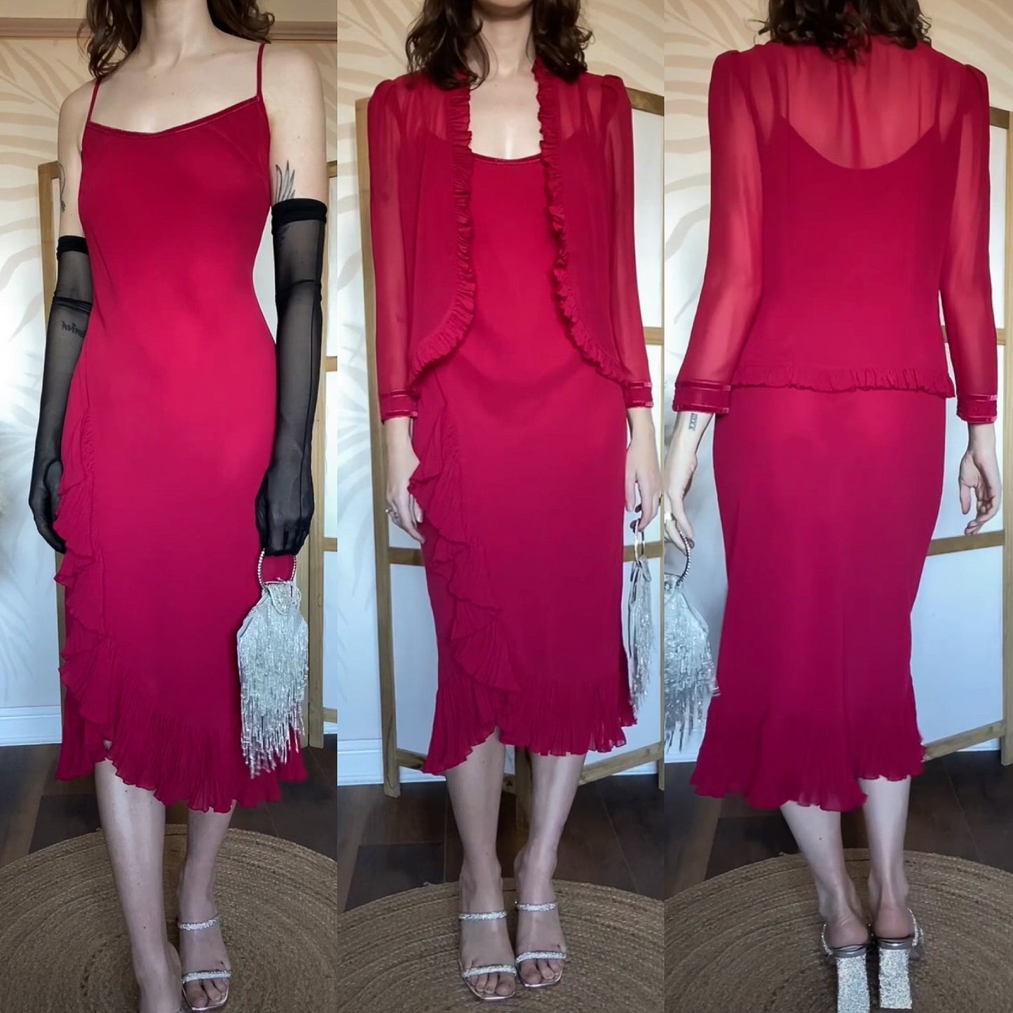 Debut red chiffon 2-piece dress & jacket uk 12