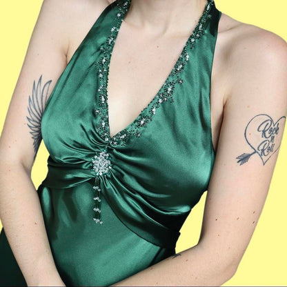 Dark green satin evening gown UK 12-14