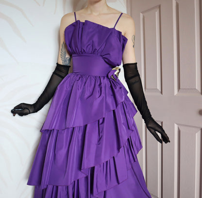 80s John Charles purple flared evening gown UK 12