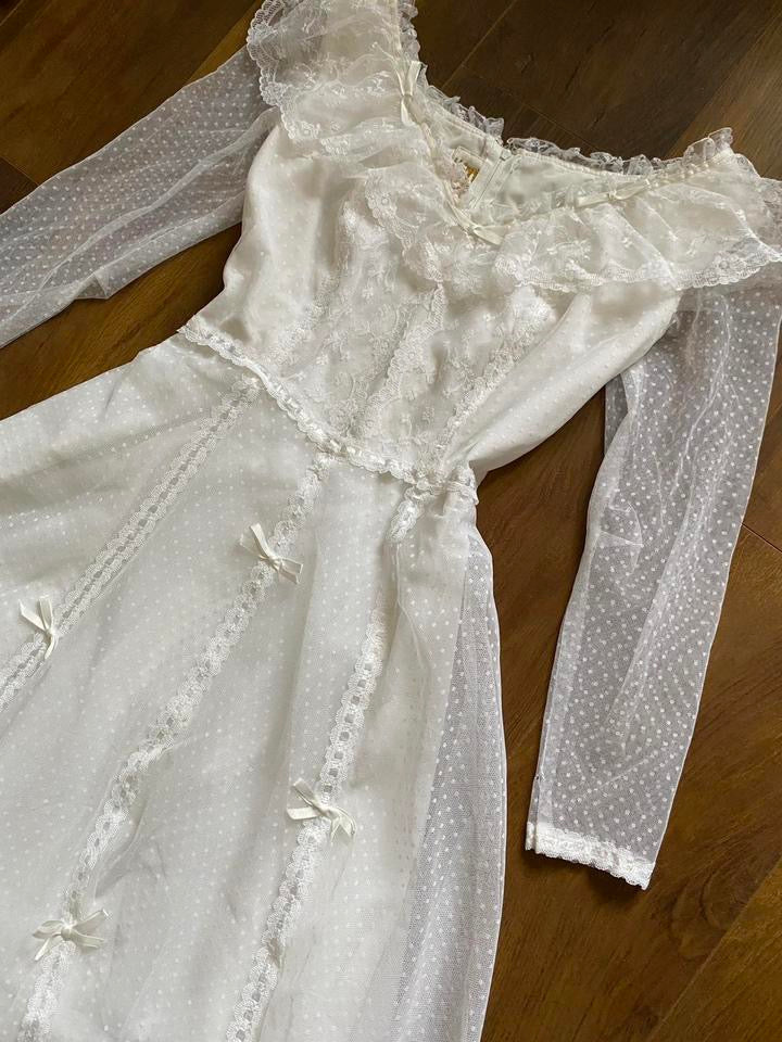 Vintage Ellis 70s white polka dot lace wedding dress uk 10-12