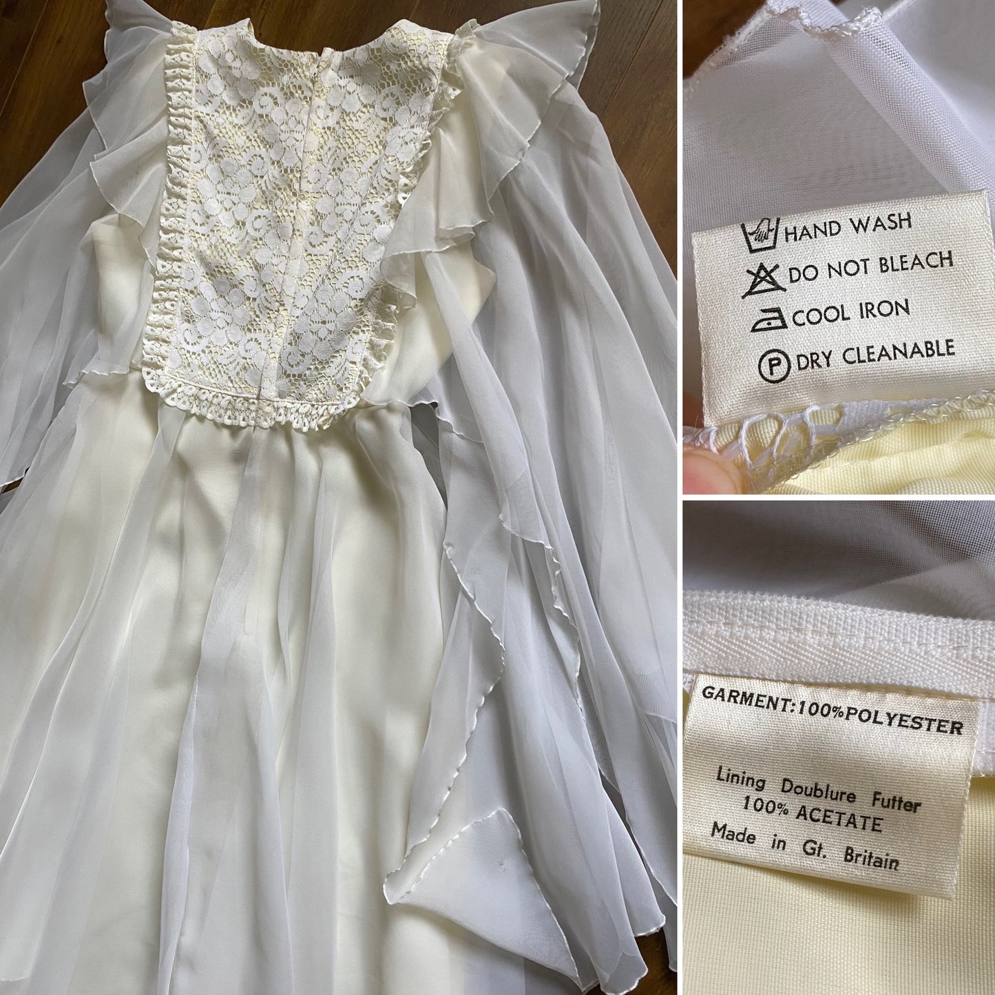 70s petite flared white/cream long sleeve wedding dress uk 8