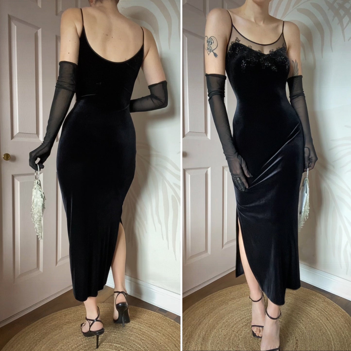 Black velvet petite evening dress UK 14
