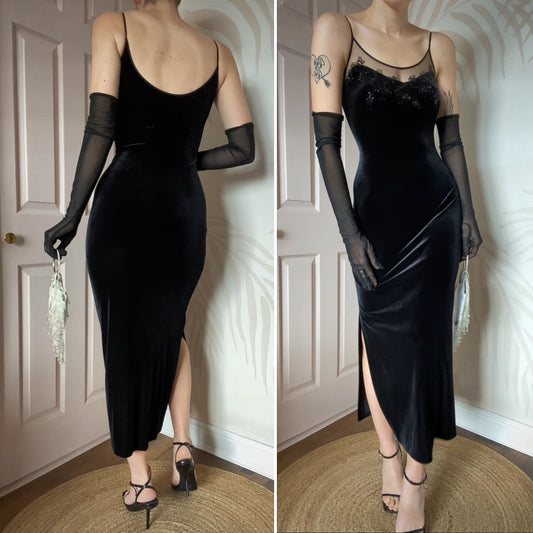 Black velvet petite evening dress UK 14