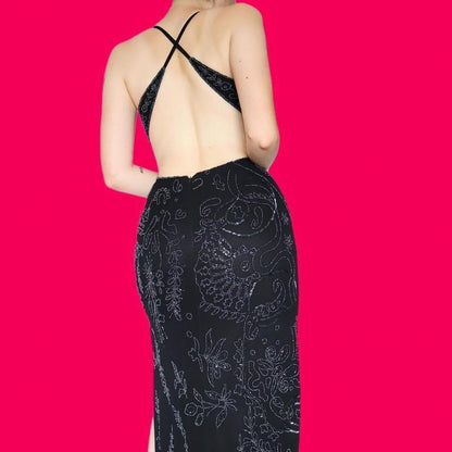 Black heavily beaded open back evening gown UK 12