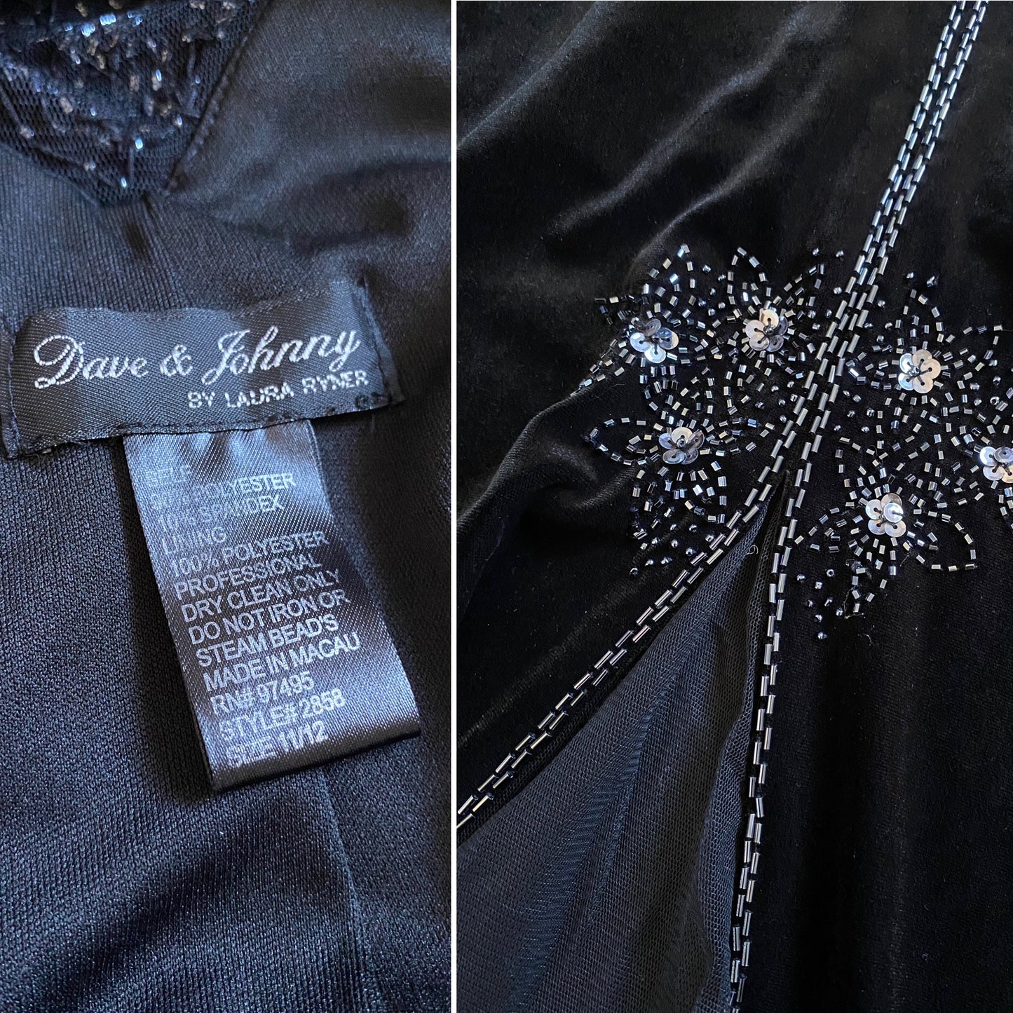 Black Dave & Johnny velvet beaded stretch evening dress UK 14