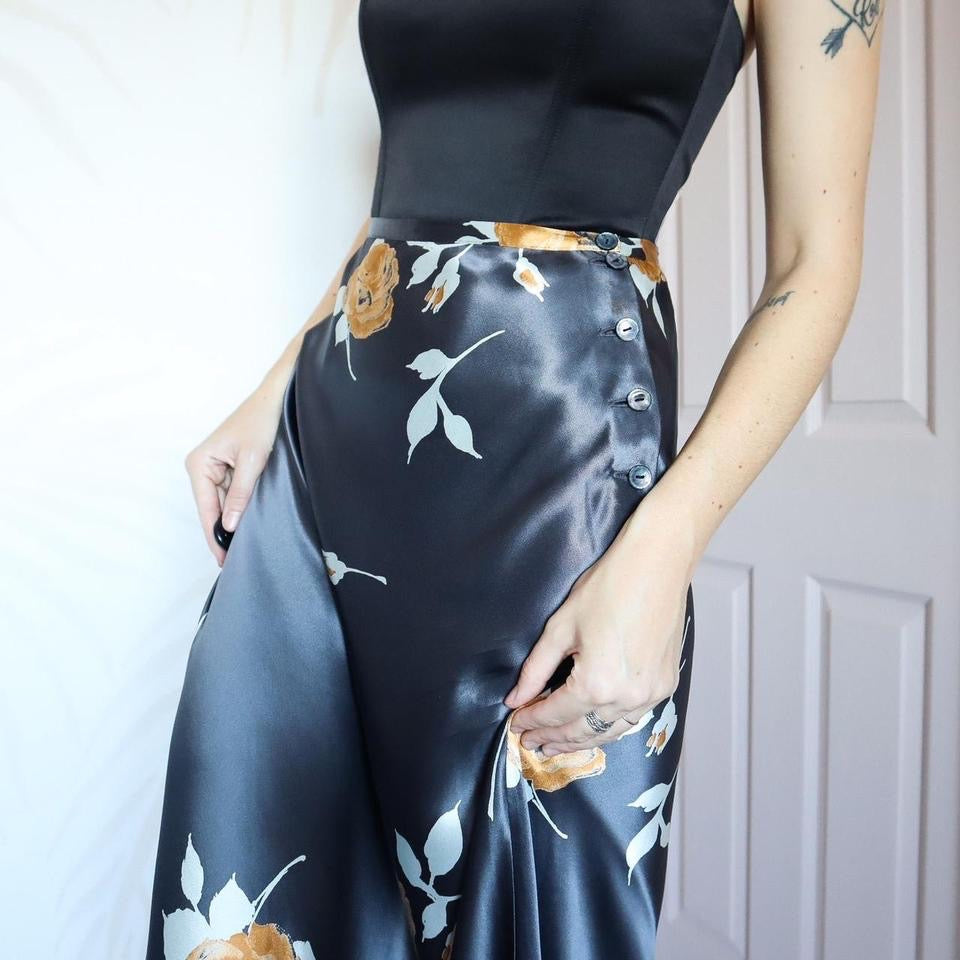 Silky grey floral satin maxi skirt UK 10