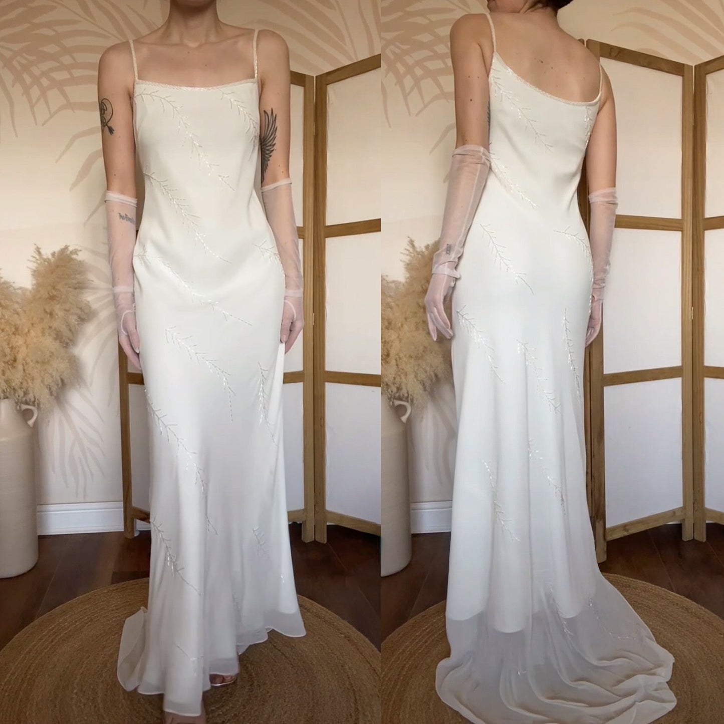Ivory chiffon beaded wedding dress uk 14