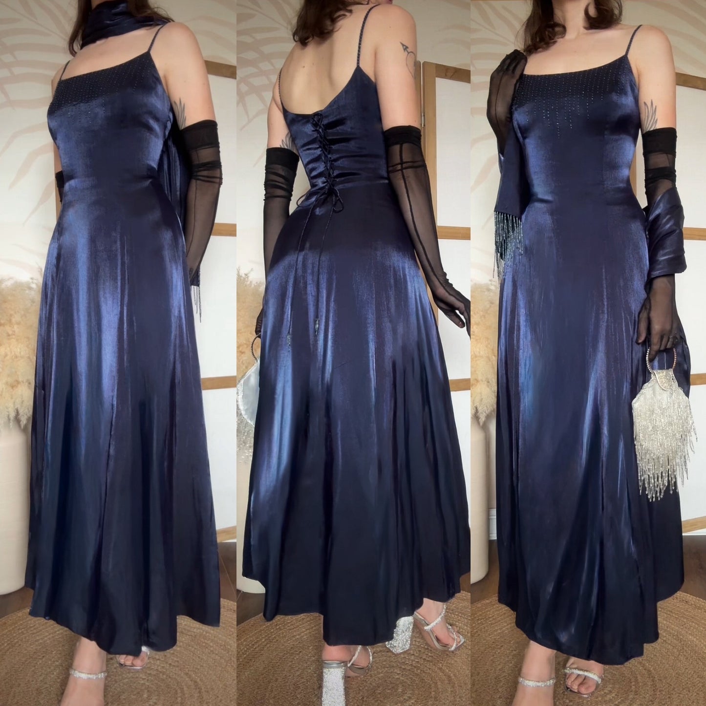Navy Debut a-line beaded dress & shawl uk 12