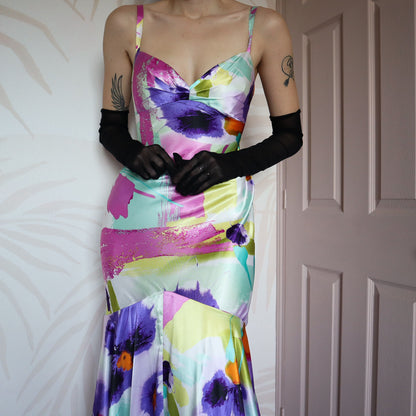 Colourful satin fishtail evening dress UK 14