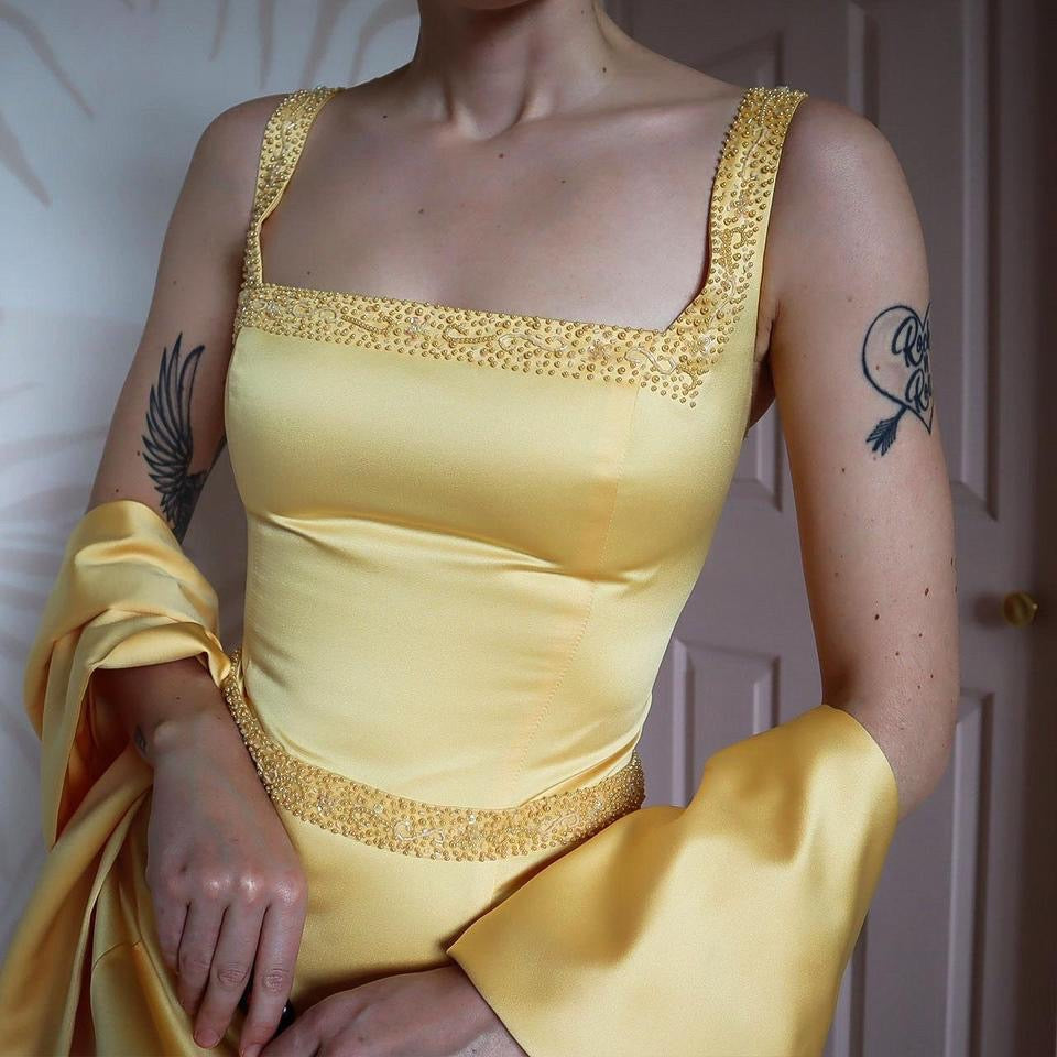 Hilary Morgan yellow a-line dress & shawl UK 16-18