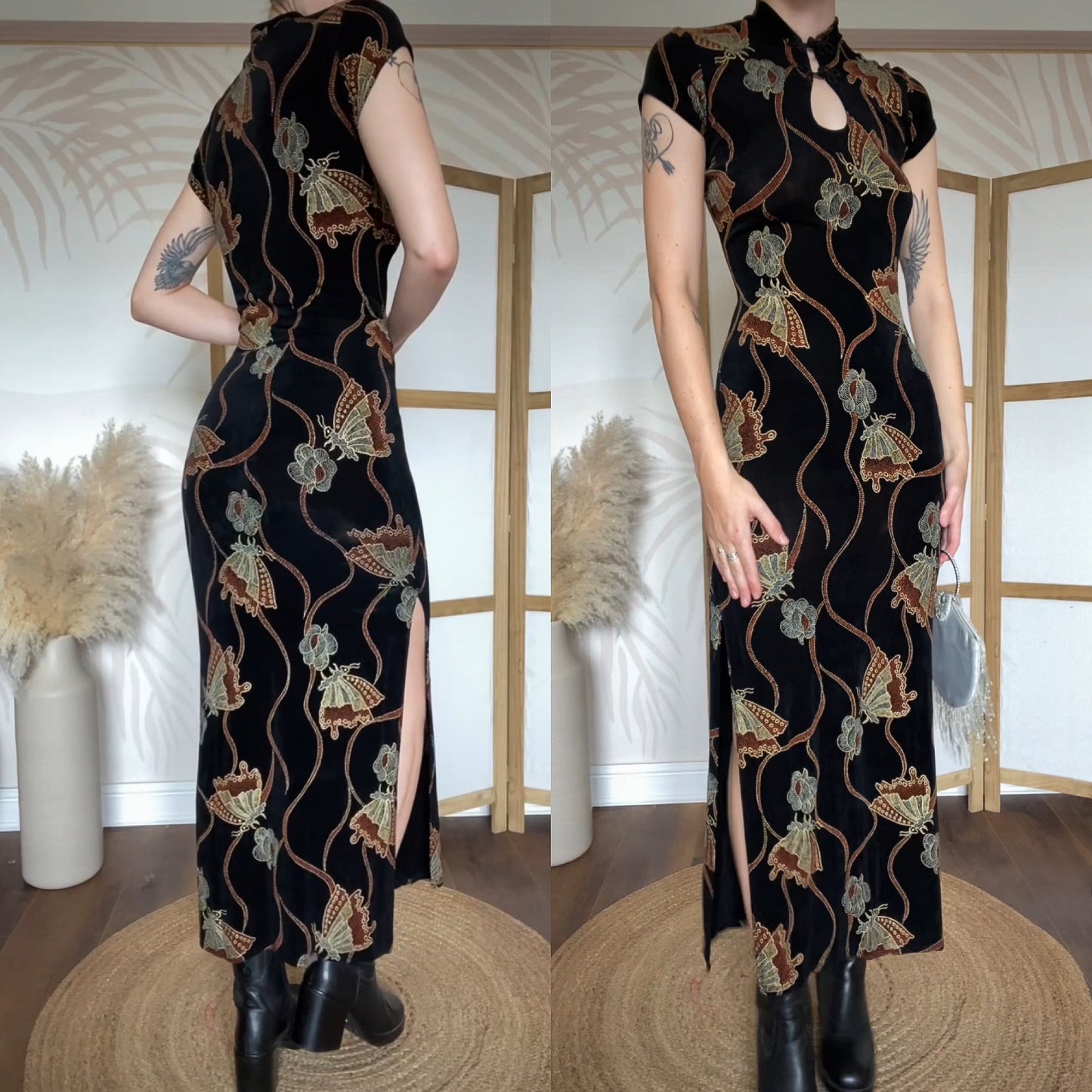 Black stretch butterfly print evening dress uk 12